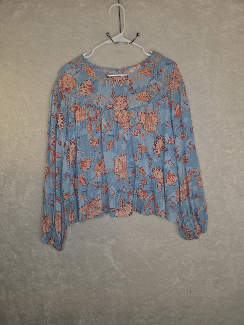 Hailey & Co Balloon Sleeve Blue Multi Floral Embroidered Blouse Boho Peasant SzL